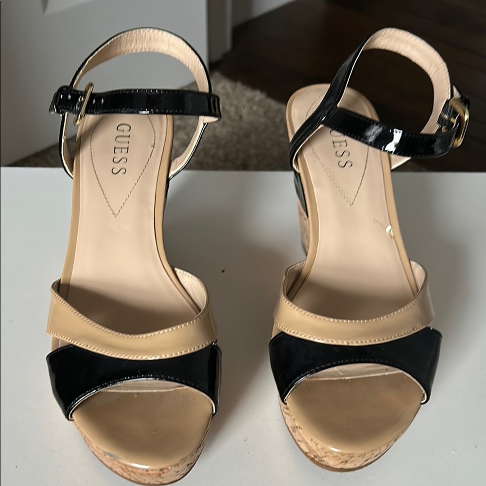 Guess Tan and Black Wedge Heels with Straps